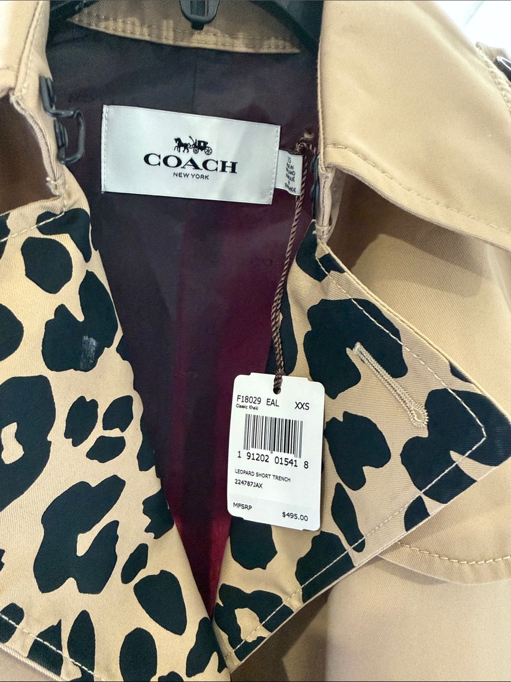 COACH Tan Trench Coat with Black Leopard Print Accents